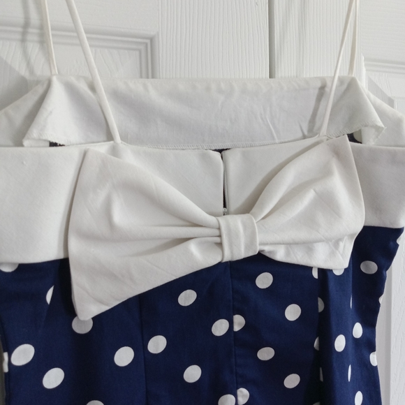 Vintage Mini Dress Cotton Polka Dot Navy Blue White Bow Linea Moda Size 8 - Picture 8 of 16